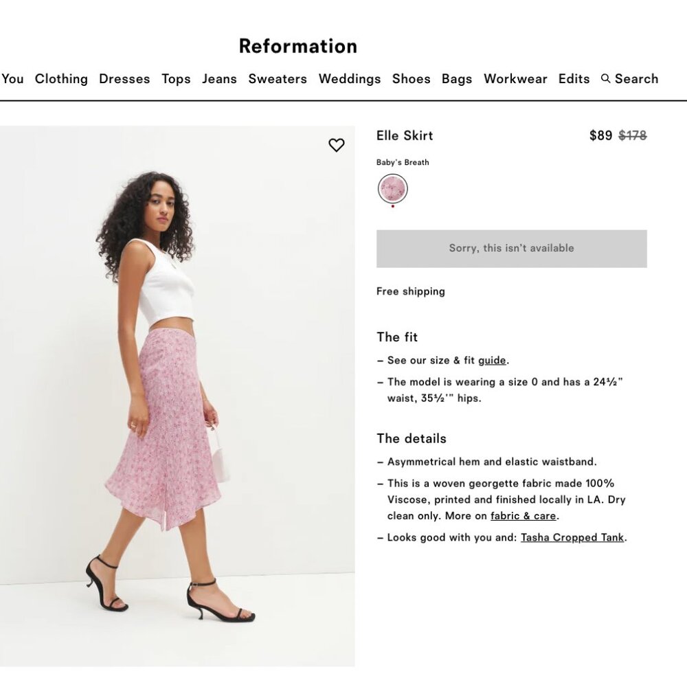 Reformation Elle Skirt Baby's Breath - Size 8